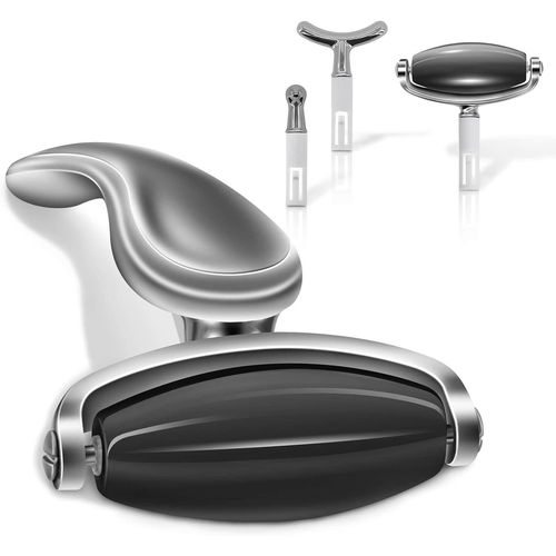 Kal-Rouleau De Massage Facial En Pierre De Jade, 3 En 1 Jade Face Roller, Masseur Facial Pour La Peau, Les Yeux Et Le Cou (Noir + Argent Noir)