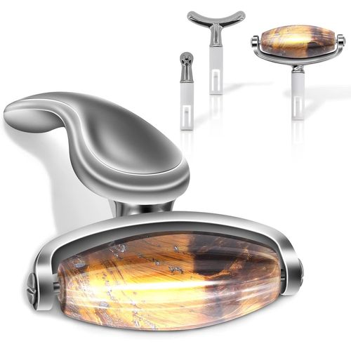 Kal-Rouleau De Massage Facial En Pierre De Jade, 3 En 1 Jade Face Roller, Masseur Facial Pour La Peau, Les Yeux Et Le Cou (Oeil De Chat + Argent Noir)
