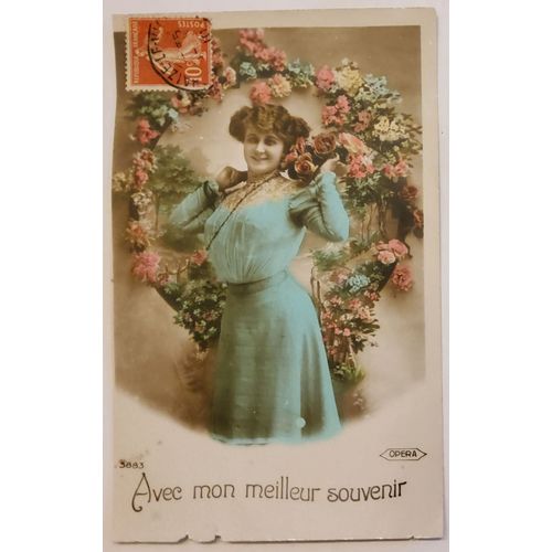 Carte Postale Ancienne, France, Voeux, Femme, Couronne De Fleurs