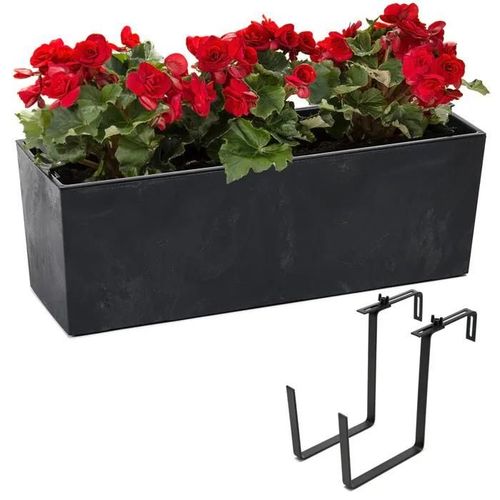 Set Pot De Fleurs Effet Béton Insert + Poignée 19 X 56 X 19,5 Cm Noir