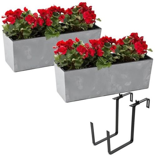 Lot De 2 Pots De Fleurs Effet Béton + Poignée 19 X 56 X 19,5 Cm Gris