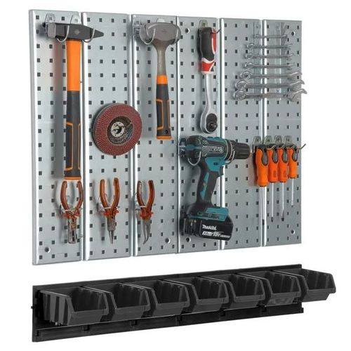 Étagère murale 78x72cm Système de rangement en métal porte-outils 7 boîtes Noir