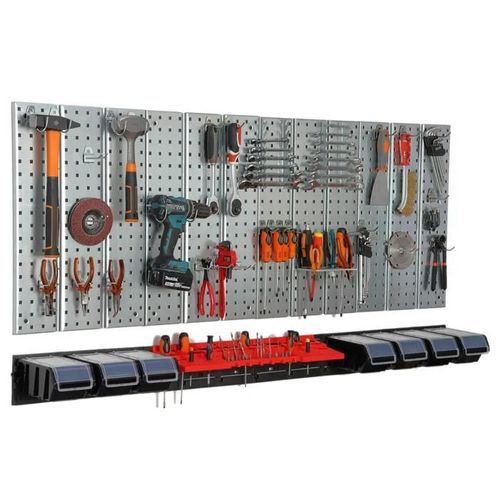 Mur à outils 156x72 cm Système de rangement en métal avec porte-outils, crochets à outils et 8 boîtes empilables 100 x 150 x 70 mm