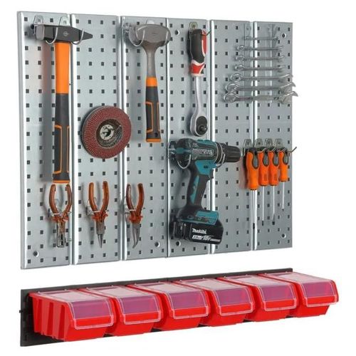 Étagère murale 78x72cm Système de rangement en métal porte-outils 6 boîtes rouge