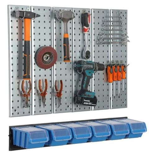 Étagère murale 78x72cm Système de rangement en métal porte-outils 6 boîtes bleu