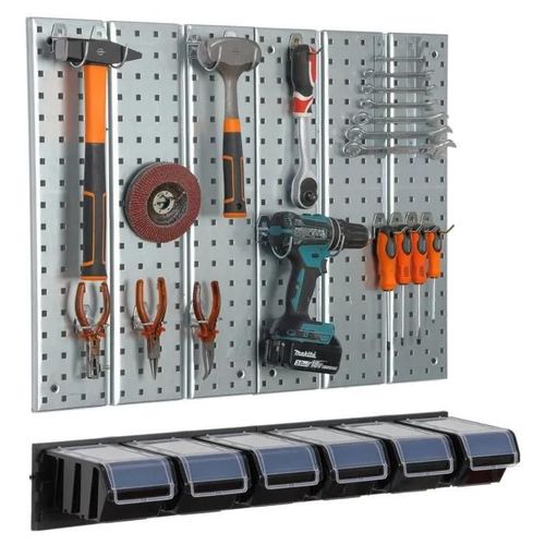 Étagère murale 78x72cm Système de rangement en métal porte-outils 6 boîtes noir