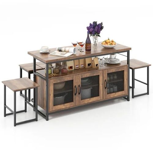 Costway Îlot De Cuisine 4 Pièces, Avec Banc Et 2 Chaises, Étagères De Rangement Réglables En 3 Positions, Pour Salle À Manger