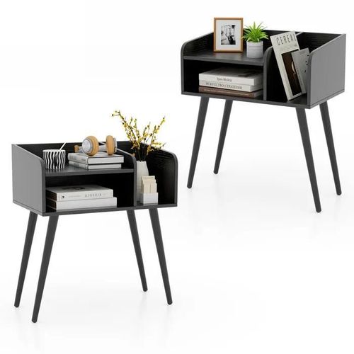 Costway Lot De 2 Table De Chevet Avec 3 Compartiments Ouverts, Table D'appoint Avec Pieds En Métal, Pour Salon, Chambre, Noir