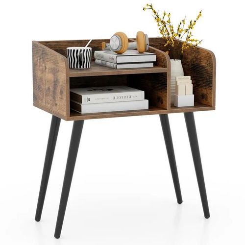 Costway Table De Chevet Avec 3 Compartiments Ouverts, Table D'appoint Avec Pieds En Métal, Pour Salon, Chambre, Marron