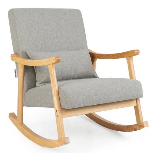 Costway Fauteuil À Bascule En Bois De Caoutchouc Naturel - Dossier Haut Et Coussin De Siège Rembourré 59 Cm X 57 Cm, Gris