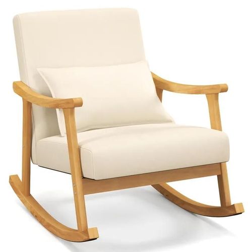 Costway Fauteuil À Bascule En Bois De Caoutchouc Naturel - Dossier Haut Et Coussin De Siège Rembourré 59 Cm X 57 Cm, Beige