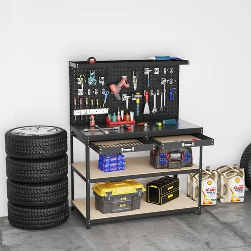 COSTWAY Établi Atelier en Métal 3 Panneaux Perforés - 24 Accessoires de Suspension, Plan de Travail pour Garage garage Noir