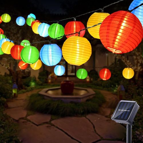 KAL-Guirlande Lumineuse Solaire Extérieure, 6M 30 Led Lanterne Solaire Extérieur Etanche 8 Modes Guirlande Solaire Lampion Décoration Pour Jardin Patio Cour Mariage Fête, Coloré