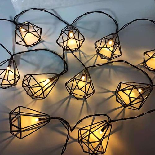 KAL-Guirlande Lumineuse Lampions 1,7M 10 Led Lanternes Géométriques En Métal Guirlande À Pile Décoraion Jardin Exterieur Pour Jardin, Balcon, Terrasse, Arbres, Mariages, Fêtes, Noël