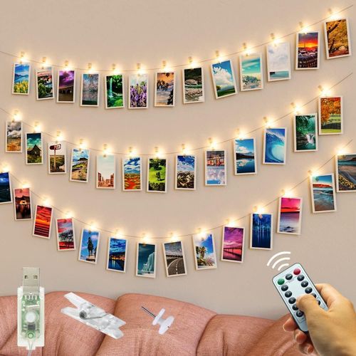 Kal-Guirlande Lumineuse À 50 Led Avec Pince À Photo, Télécommande Usb, 8 Modes, 30 Clips Et 10 Clous De Suspension Pour Cadres Photo, Décoration Pour Chambre À Coucher, Mariage, Fête D'anniversaire