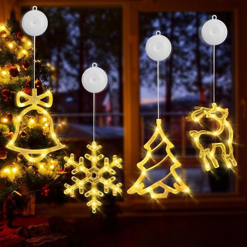 Kal-Lumière De Fenêtre De Noël 4 Pièces - Led Ventouse Décorative Pour Fenêtre, Lustre Lumineux Pour Décoration De Noël