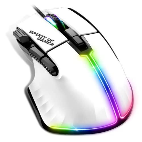 Spirit Of Gamer Souris Gamer Filaire Blanche Ergonomique PC 12800 DPI, 8 Boutons Programmables dont 1 Rapid Fire, 13 Effets de Rétroéclairage RGB