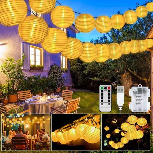 KAL-Guirlande Lumineuse Led D'Extérieur - 20 8 Modes - Lampion Led - Alimentation Par Usb / Piles Et Ip65 - Étanche - Avec Minuterie - Pour Jardin, Cour, Mariage, Décoration De Fête