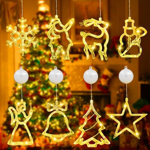 Kal-Lumières De Fenêtre,8pcs Lumière De Fenêtre À Ventouse Led,Guirlande Lumineuse Fenêtre Noël,Led Lumières De Ventouse De Noël,Noël Lustre À Ventouse De Fenêtre,Lumières De Ventouse De Noël