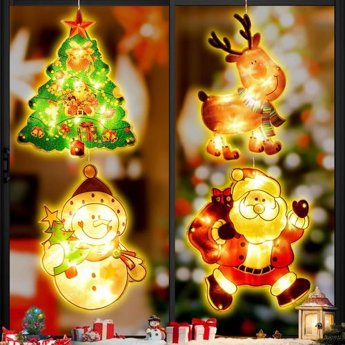 Kal-Lumières Led De Noël, 4 Pièces Fenêtre Noël Lumière, Lustre Ventouse De Noël, Led Rideau Suspendus Lumière Avec Ventouse, Pendentif Ventous, Led De Noël À Suspendre Décoration De Fenêtre