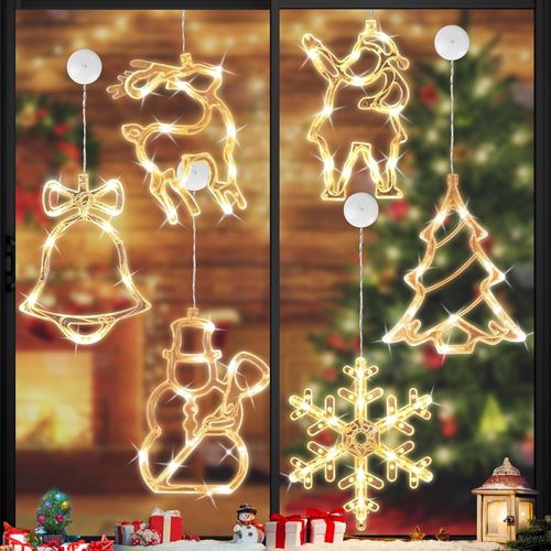 Kal-Lumières Led De Noël, 6 Pièces Fenêtre Noël Lumière, Lustre Ventouse De Noël, Led Rideau Suspendus Lumière Avec Ventouse, Pendentif Ventous, Led De Noël À Suspendre Décoration De Fenêtre