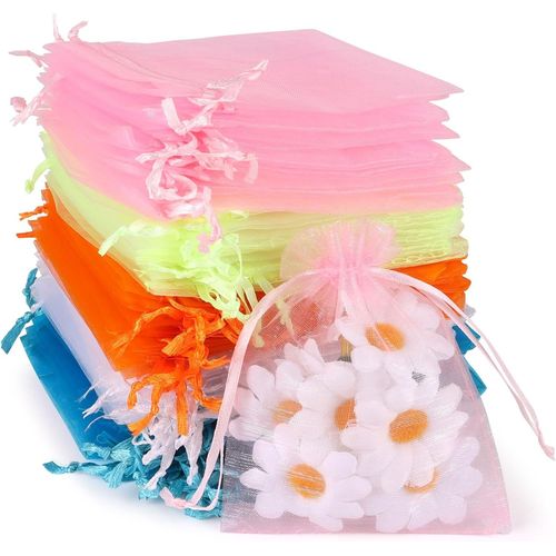 Sacs Organza, Sachet Tulle Coloré, Sachet Bonbon de Mariage Anniversaire Fête, Pochette à Bijoux, Sac de Fleur Séchée, 100 Pcs, 9 x 12 cm