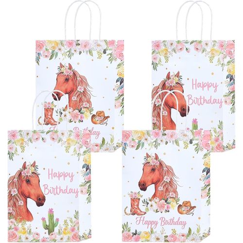 Lot De 16 Sacs Cadeaux En Papier Pour Cadeaux De Fête, Sacs À Bonbons Roses Cowgirl Pour Décorations De Fête Sur Le Thème Du Cheval, Sacs À Friandises En Papier Pour Anniversaire, Mariage