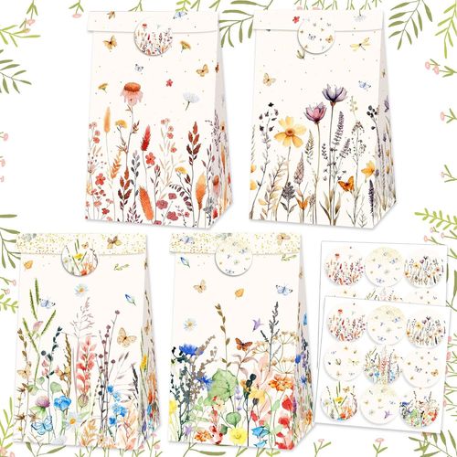 12 Pcs Wildflower Theme Favor Bags Treat Candy Goodies Bags For Floral Flower Bridal Shower Babyshower Birthday Wedding Party Supplies