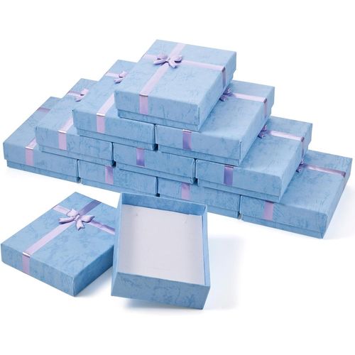 Lot De 12 Boîtes Cadeau En Carton Avec N?Ud Pour Collier, Bracelet, Boucles D'oreilles, Noël, Saint-Valentin, Bleu Bleuet 9 X 7 Cm