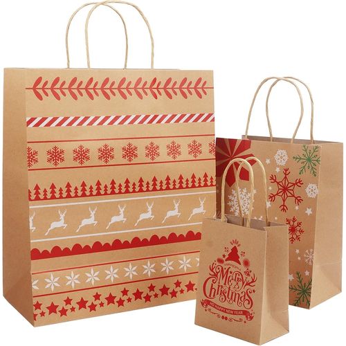 18 Sac En Papier Kraft Pour Noel Sac Cadeau Noel 3 Tailles Différentes (6 Pcs De Chaque) Imprimées Motifs Noël - Sachet Pour Emballer Les Cadeaux De Noel Et Les Surprises