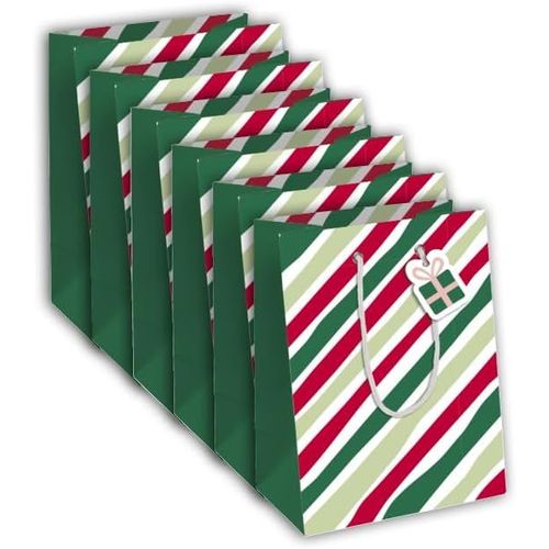 Un Lot De 6 Sacs Cadeaux Noël - Formats Moyens 21,5x10,2x25,3cm - Rayures - Qualité Supérieure, Résistant :210g - Idéal Pour : Livre, Jeux, Petits Coffrets