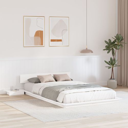 Vidaxl Cadre De Lit Au Sol Avec Tables De Chevet Blanches 120x200cm Bois Massif