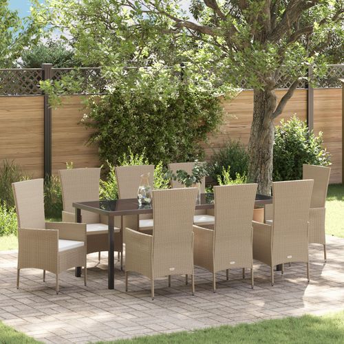 Ensemble De Salle À Manger De Jardin 9 Pièces Avec Coussins Beige Rotin Poly
