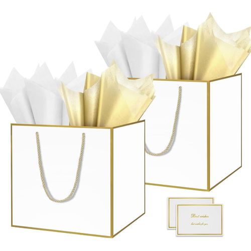 Grand Sac Cadeau, 11.8"" Blanc Papier Emballage Cadeau Anniversaire, Carré Pochette Cadeau Ggrand Format Enfant 30 * 30 * 30cm Avec 1 Cartes 1 Mouchoirs Pour Fête D'anniversaire 2 Pièces