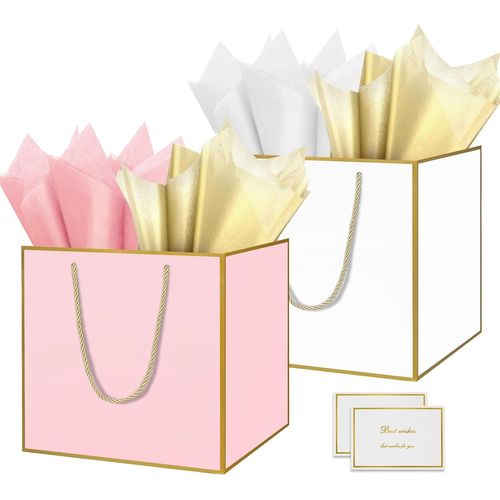 Grand Sac Cadeau, 11.8"" Papier Emballage Cadeau Anniversaire, Carré Pochette Cadeau Ggrand Format Enfant 30 * 30 * 30cm Avec 1 Cartes 1 Mouchoirs Pour Fête D'anniversaire Blanc Rose 2 Pièces