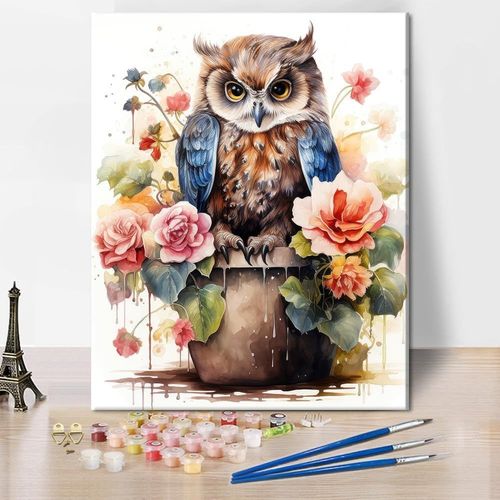 Kit De Peinture À L'huile Par Numéros Pour Adultes - Motif Chouette - Fleurs Colorées - Pour Débutants - Pot De Fleurs Vintage - Peinture Par Numéros - Avec Pinceaux Et Peinture Acrylique - 40 X 50 Cm 