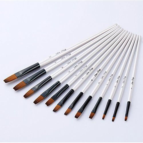 12 Pinceaux Peinture Acrylique,Nylon Art Pinceaux Fin Stylos À Pointe Lisse,Corps Du Stylo En Bois Convient Pour Les Peintures Acryliques, Aquarelles, Huiles Et Gouaches (Pinceau Plat)