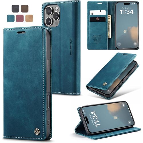 Kal-Coque Pour Iphone 16 Pro Pochette 6.30 Pouces, Etui Protection Housse Premium En Cuir Pu, Etui À Rabat Pochette De Portefeuille Étui Pour Iphone 16 Pro Case, Bleu Vert