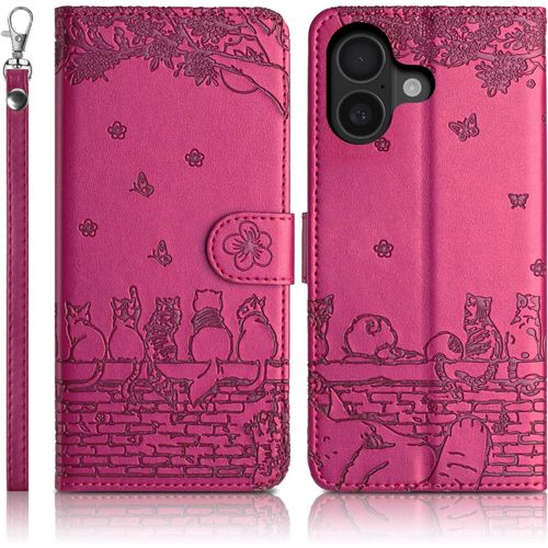Kal-Coque Pour Iphone 16 5g Étui De Protection [Etui À Rabat] [Pochette De Portefeuille] [Fermeture Magnétique] Housse Premium En Cuir Pu Portefeuille Iphone 16 5g Rose Rouge