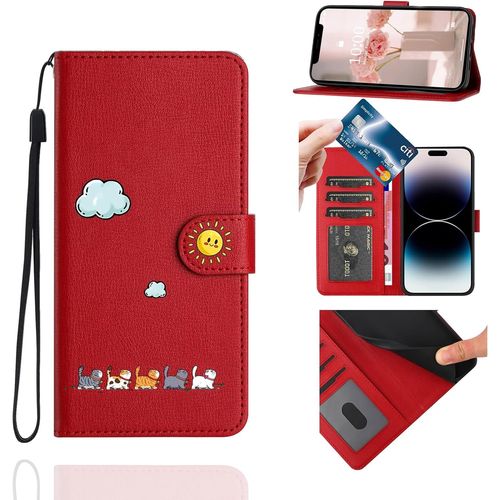 Kal-Coque Portefeuille Pour Iphone 16(6,1""),Étui À Rabat Housse En Cuir,Chat Pochette Carte Magnétique De Protection Cover Case Antichoc Pour Iphone 16,Rouge