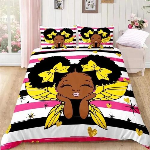Parure De Lit Avec Housse De Couette Et Taie D'oreiller Motif Fille Noire Américaine, Parure De Lit Magique Motif Fille Noire, Jolie Petite Princesse Afro Noire