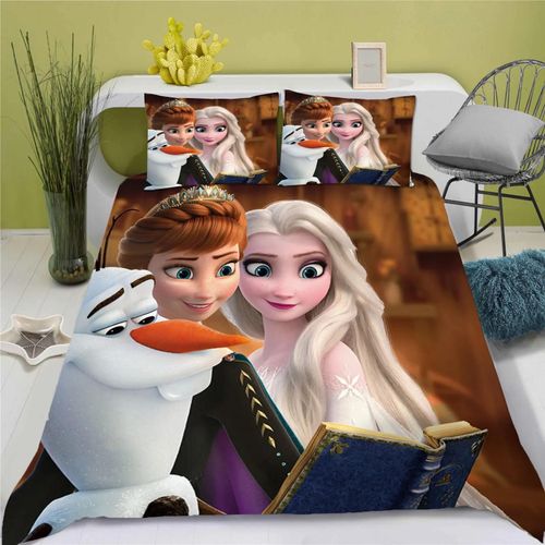 Parure De Lit Frozen Avec Housse De Couette Et Imprime Dessin Anime Mignon, Pour Lit Double, 3 Pieces, 1 Maison