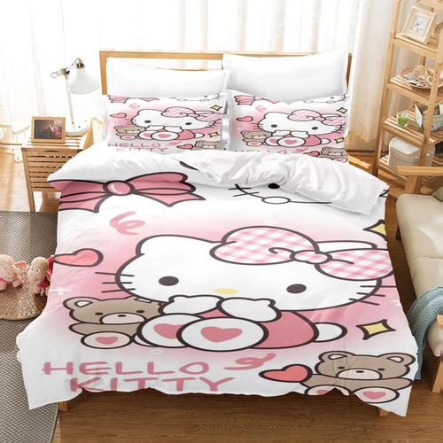 Parure De Lit Hello Kitty 3 Pieces Avec Housse De Couette Et Taie D'oreiller Pour Lit Double