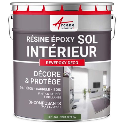 Peinture Sol - Résine Epoxy : Peinture pour Sol salon, cuisine, salle de bains - Effet Miroir - REVEPOXY DECO Vert Reseda - RAL 6011 10 kg (jusqu'à 50 m² en 2 couches)
