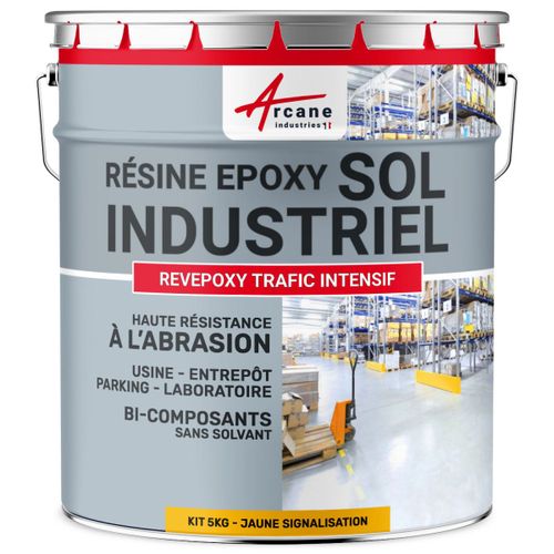 Peinture sol, résine epoxy, revêtement sol industriel et sol béton, usine, parking : Revepoxy trafic intensif Jaune Signalisation - RAL 1023 5 Kg (jusqu'à 10 m² en 2 couches)