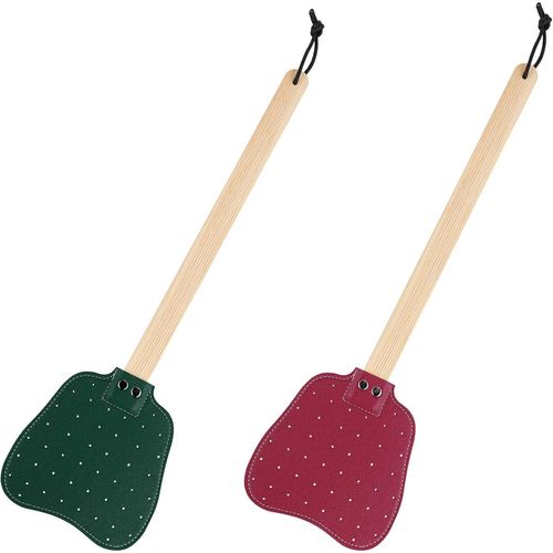 KALANKA-2pcs Tapettes Mouche Cuir, Longue Poignée Bois Tapette Mouches Manuelle avec Corde Suspension Tapette Mouches Cuir Pratique Robuste l'Intérieur Mouches Moustiques Abeilles(Rouge, Vert Foncé)