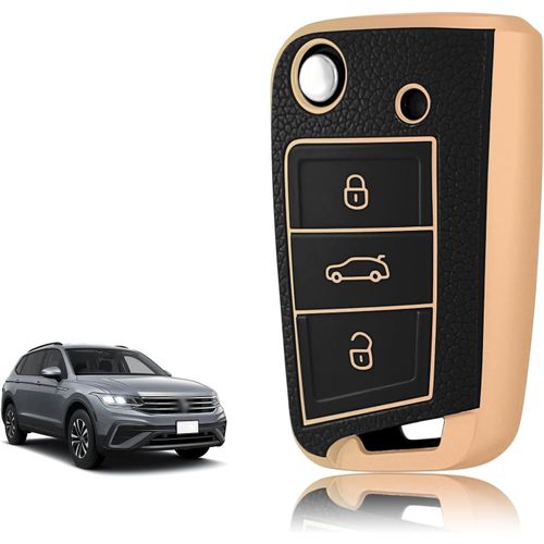 Coque Clé Silicone,Etui Clé Étui Clé Adapté Pour Vw Volkswagen Golf 7 Polo Tiguan Taigo Seat Leon Ibiza Skoda Octavia Superb Fabia,Couvre Clef Bord Doré & Argenté Texture Cuir.[H257]