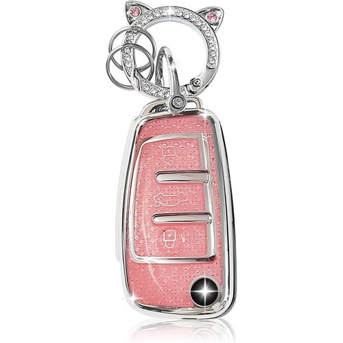 Coque De Clé De Voiture Pour Audi¿Joli Porte Clé Voiture En Argent Incrusté De Diamants¿Accessoire Voiture Compatible Avec Audi A3 S3/A4 S4 Rs4/A6 S6 Rs6/Q7/Tt Tts/R8 (Rose)