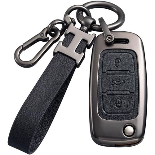 Coque De Clé De Voiture Noire Compatible Avec Vw Volkswagen En Alliage De Zinc Pour Tiguan Passat Golf 4 5 6 Polo Beetle Jetta Touran Eos Scirocco Avec Porte-Clés En Cuir