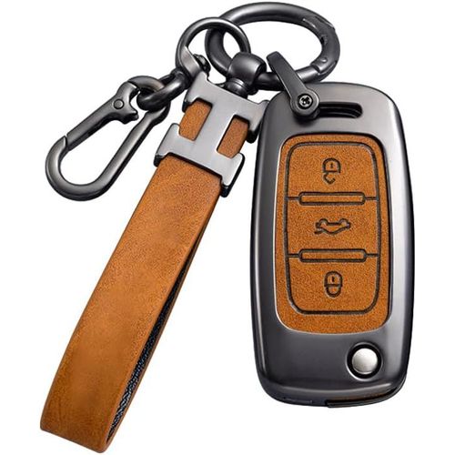 Coque De Clé De Voiture Compatible Avec Vw Volkswagen-En Alliage De Zinc-Pour Tiguan Passat Golf 4 5 6 Polo Beetle Jetta Touran Eos Scirocco-Avec Porte-Clés-Marron Gris